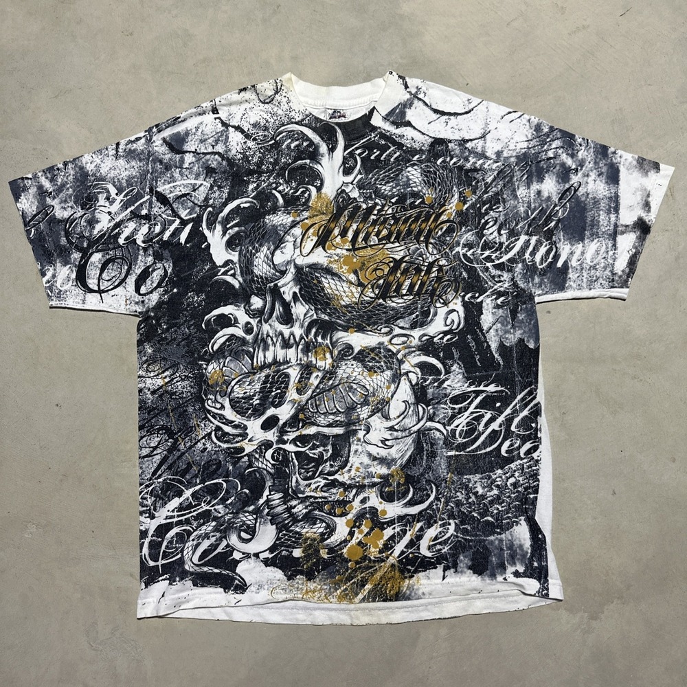 Vintage Y2K Miami Ink T Shirt Men's SZ XL Skull Snake Flames Smoke Rap Art